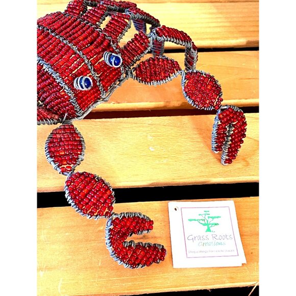 Grass Roots Beaded Handmade Wire Blue-Eyed Crab and Clam Shell with Tag Vintage - Picture 10 of 13